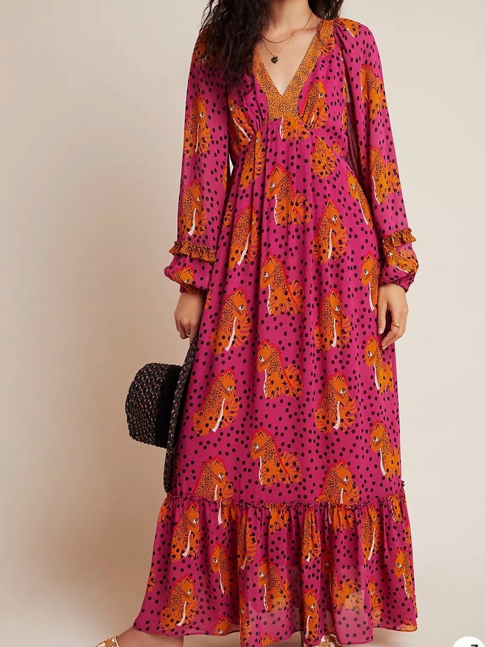 Farm Anthropologie Pink Maxi Dress with Orange Animal Print
